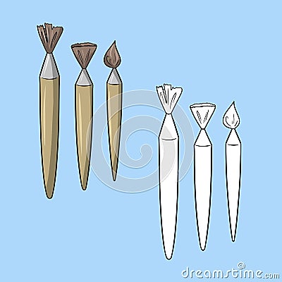 A set of pictures, various brushes for drawing with a wooden handle, vector illustration in cartoon style Vector Illustration