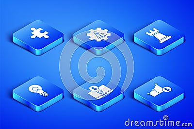 Set Pie chart and dollar, Piece of puzzle, Light bulb with on laptop, Head lamp, Startup project concept and Chess icon Vector Illustration