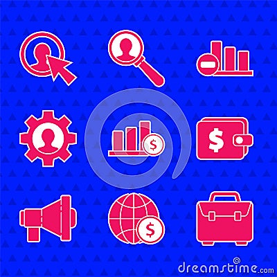 Set Pie chart infographic and dollar, Earth globe with, Briefcase, Wallet, Megaphone, Human gear inside, and User of Vector Illustration
