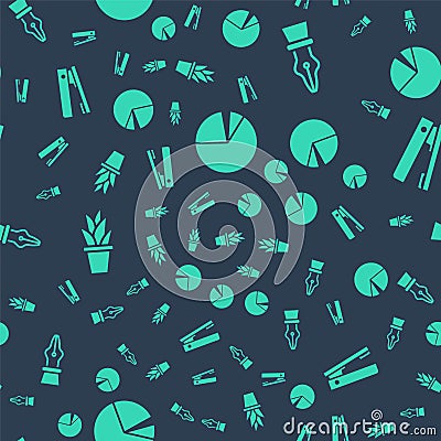 Set Pie chart infographic, Fountain pen nib, Plant in pot and Office stapler on seamless pattern. Vector Vector Illustration