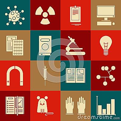 Set Pie chart infographic, Molecule, Light bulb with concept of idea, Clipboard document, Book, Pills blister pack Vector Illustration