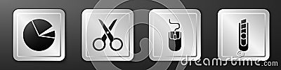 Set Pie chart infographic, Scissors, Computer mouse and Stationery knife icon. Silver square button. Vector Vector Illustration