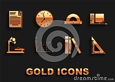 Set Pie chart infographic, Triangular ruler, Office folders papers documents, Microscope, Protractor grid for measuring Vector Illustration