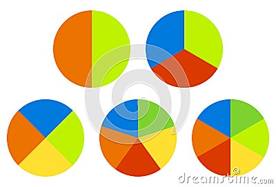 Set pie charts, graphs in 2,3,4,5,6 segments. Segmented circles. Vector Illustration