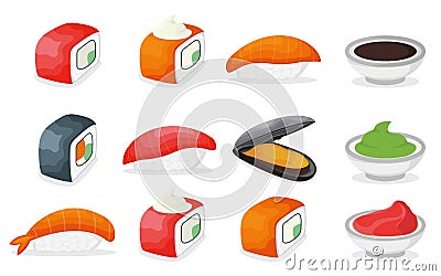 Set of piece fish salmon sushi icon, fresh ocean mussel and shrimp, soy sauce wasabi and ginger cartoon vector illustration Vector Illustration