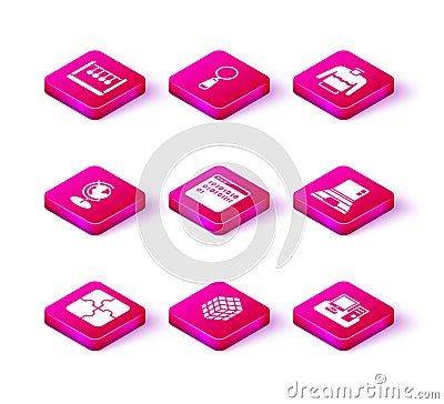 Set Piece of puzzle, Rubik cube, Earth globe, Binary code, Monitor with keyboard, Laptop, Sweater and Magnifying glass Vector Illustration