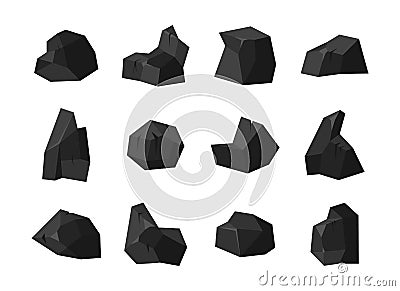 A set of pieces of fossil stone black coal of various shapes with different illumination of the surface. Charcoal Vector Illustration