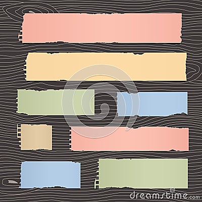 Set of pieces ripped colorful notebook paper are sticked on dark wooden wall or desk Vector Illustration