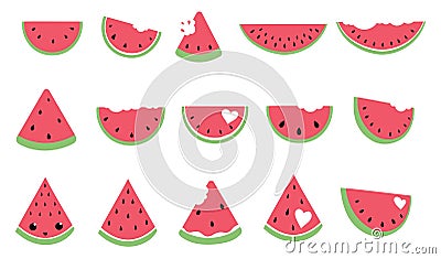 Set of pieces of watermelon. Collection of slices watermelon. Juicy summer fruit. Illustration for children. Vector Illustration