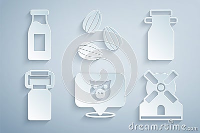 Set Pig, Can container for milk, Windmill, Seeds and Bottle with icon. Vector Vector Illustration