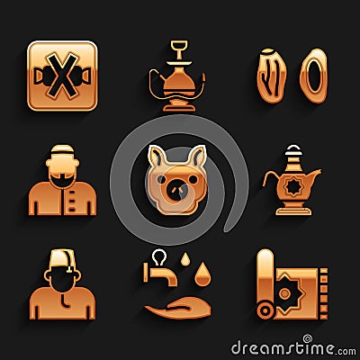 Set Pig, Wudhu, Traditional carpet, Islamic teapot, Muslim man, Date fruit and No sweets icon. Vector Stock Photo