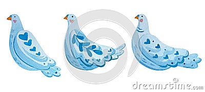 Set of pigeons for valentines. Watercolor isolates in a naive style. Stock Photo