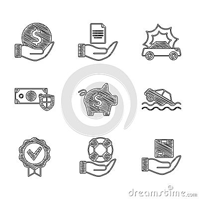 Set Piggy bank, Lifebuoy in hand, Delivery insurance, Flood car, Approved check mark, Money with shield, Car accident Stock Photo