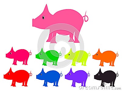 Set pigs of different colors piggys Vector Illustration