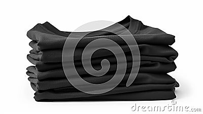 Set of pile stack group of folded blank black tee t-shirt sweater round neck on white background Stock Photo