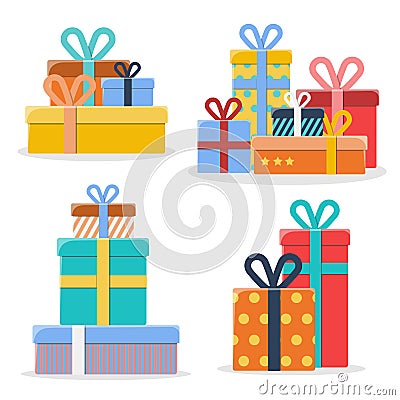 Set of piles of different colorful gift boxes on white background Stock Photo