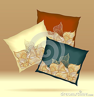 Set Pillows with abstract shells yellow brown dark blue colors Stock Photo
