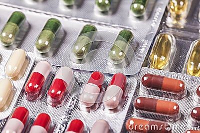 Set of pills inpack, Various pills, several used packages of medicine Stock Photo