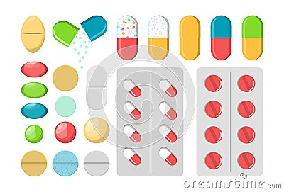 Set of pills isolated. Medicine collection, vitamin capsule Stock Photo