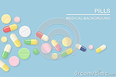 Set of pills, medicine, drugs. Painkiller Tablet, vitamine, pharmaceutical antibiotics. Medical background. Vector cartoon design Vector Illustration