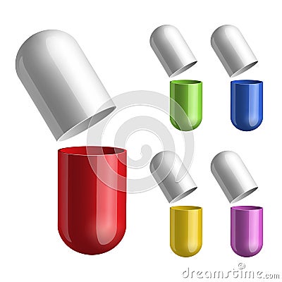 Set of pills opened in two halfs . Vector Illustration