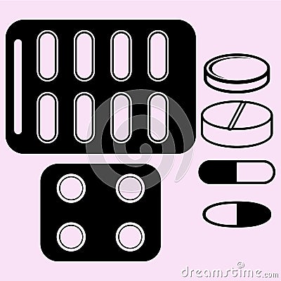 set pills tablets close-up Vector Illustration