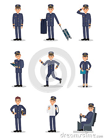 Flat vector set with pilot in different actions. Captain of passenger airplane. Young man and woman in uniform Vector Illustration