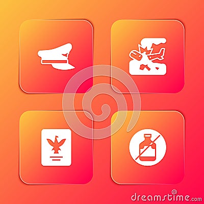 Set Pilot hat, Plane crash, Passport and No alcohol icon. Vector Vector Illustration