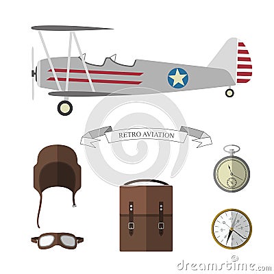 Set of pilot objects. Retro aviation items collection Cartoon Illustration