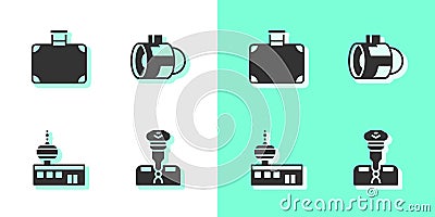 Set Pilot, Suitcase, Airport control tower and Jet engine turbine icon. Vector Vector Illustration