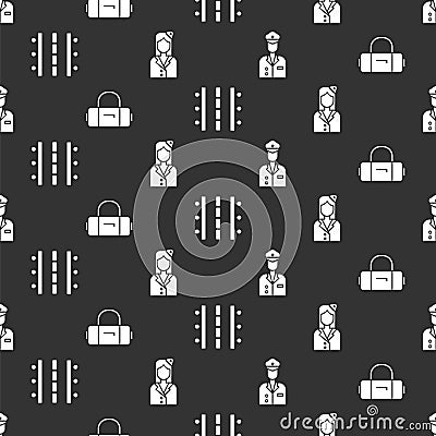 Set Pilot, Suitcase, Airport runway and Stewardess on seamless pattern. Vector Vector Illustration
