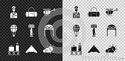 Set Pilot, Suitcase, Helicopter, Airport conveyor belt with suitcase, Jet fighter, Sun and cloud weather, Hot air Vector Illustration