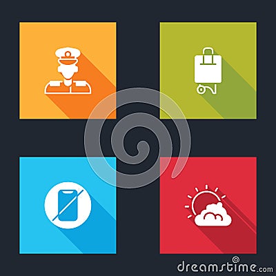 Set Pilot, Suitcase, No cell phone and Sun and cloud weather icon. Vector Vector Illustration