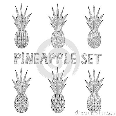 A set of pineapples. Doodle. Black and white vector illustration Vector Illustration