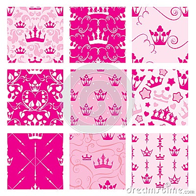 Set of Pink backgrounds with Princess crowns. Seamless backdrop Vector Illustration
