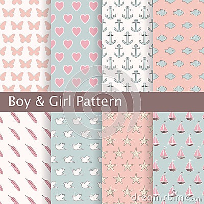 Set of pink and blue seamless patterns. Ideal for baby design. Vector Illustration