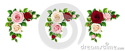 Set of pink, burgundy and white roses corners. Vector illustration. Vector Illustration