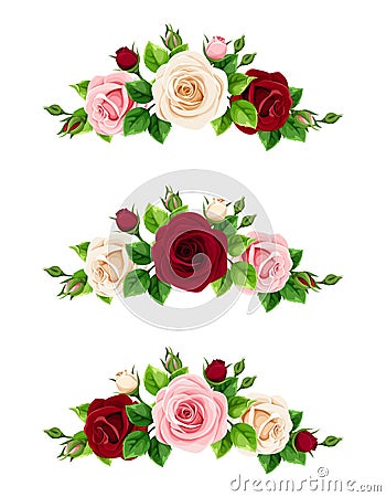 Set of pink, burgundy and white roses. Vector illustration. Vector Illustration