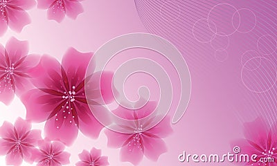 Set of pink flowers on background with music lines Vector Illustration