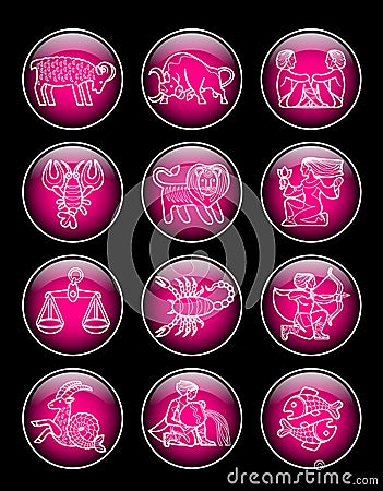 Set of pink glossy round icons with white linear zodiacal symbol Vector Illustration