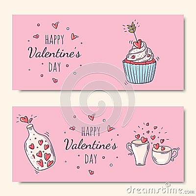 Set of pink horizontal banners with bottle and cups and cupcake in doodle style Vector Illustration