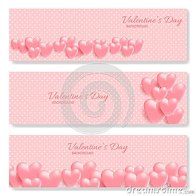 Set of the pink horizontal banners with hearts for Valentines Day, Wedding, or Mother Day Celebration Vector Illustration