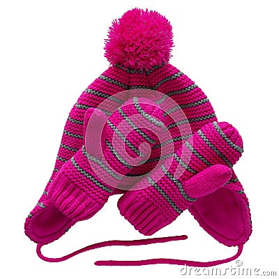 Set of hat and mittens for child isolated on white background. Children winter clothes Stock Photo