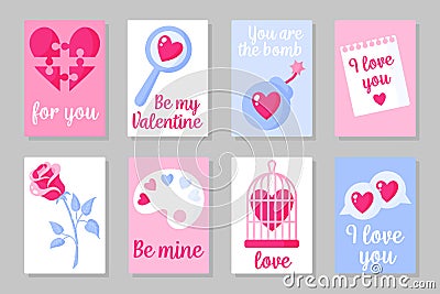 Set of pink, white and blue colored cards for Valentine`s Day or wedding. Vector flat design isolated on gray background Stock Photo