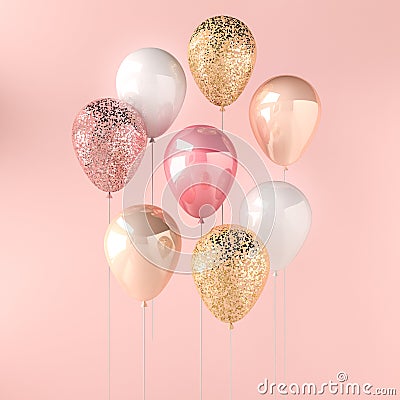 Set of pink, white and golden glossy balloons on the stick with sparkles on pink background. 3D render for birthday, party, weddin Cartoon Illustration