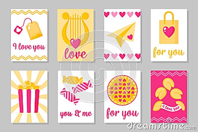 Set of pink, white and yellow colored cards for Valentine`s Day or wedding. Vector flat isolated design Stock Photo