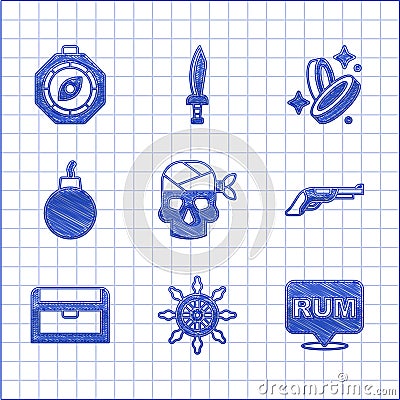 Set Pirate captain, Ship steering wheel, Alcohol drink Rum, Vintage pistol, Antique treasure chest, Bomb ready explode Vector Illustration