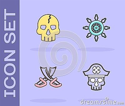 Set Pirate captain, Skull, Crossed pirate swords and Ship steering wheel icon. Vector Vector Illustration