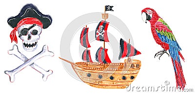Set of pirate clipart. Pirate ship, skull and bones, parrot. Hand drawn watercolor Cartoon Illustration