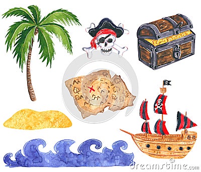 Set of pirate clipart. Pirate ship, treasure chest with gold coins, treasure map, Ocean waves Cartoon Illustration